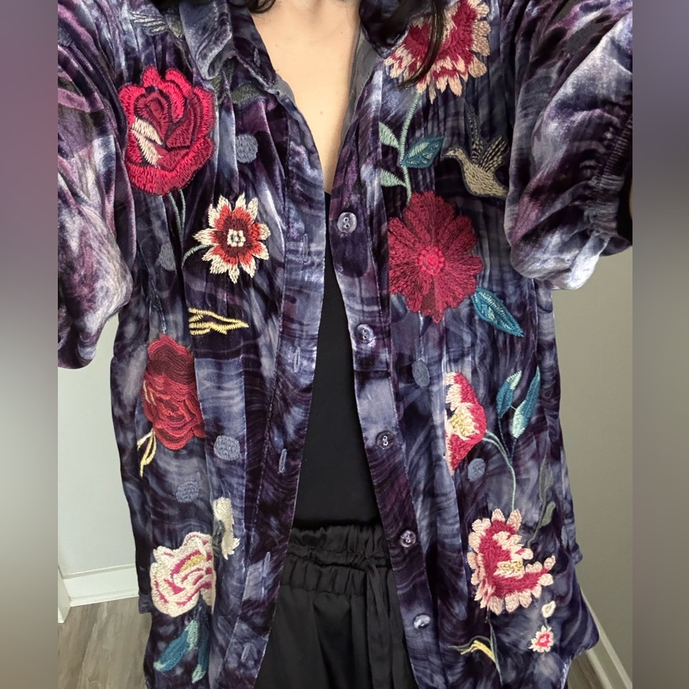 Johnny Was Purple Floral Embroidered Shirt